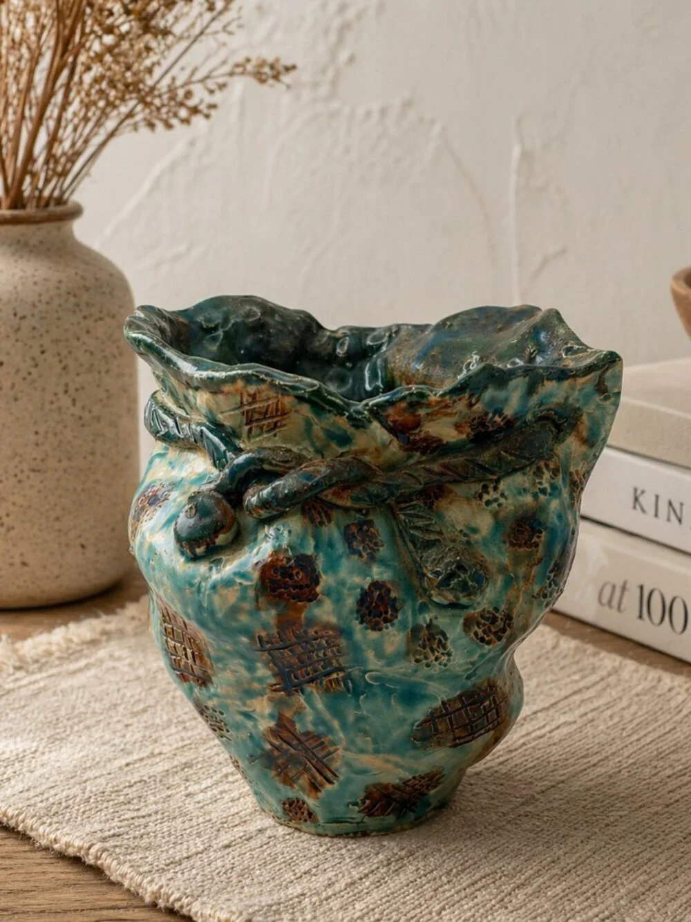Signed Studio Pottery Vase Teal Drip Glaze Sculptural Art Vessel 5.5in Retro MCM